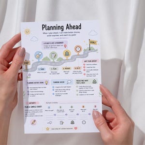 May include: A white educational planning worksheet titled Planning Ahead with a colourful roadmap graphic, icons, and text sections for goal setting, preparation, and activity planning. The layout includes a start sign, a goal flag, and numbered steps.