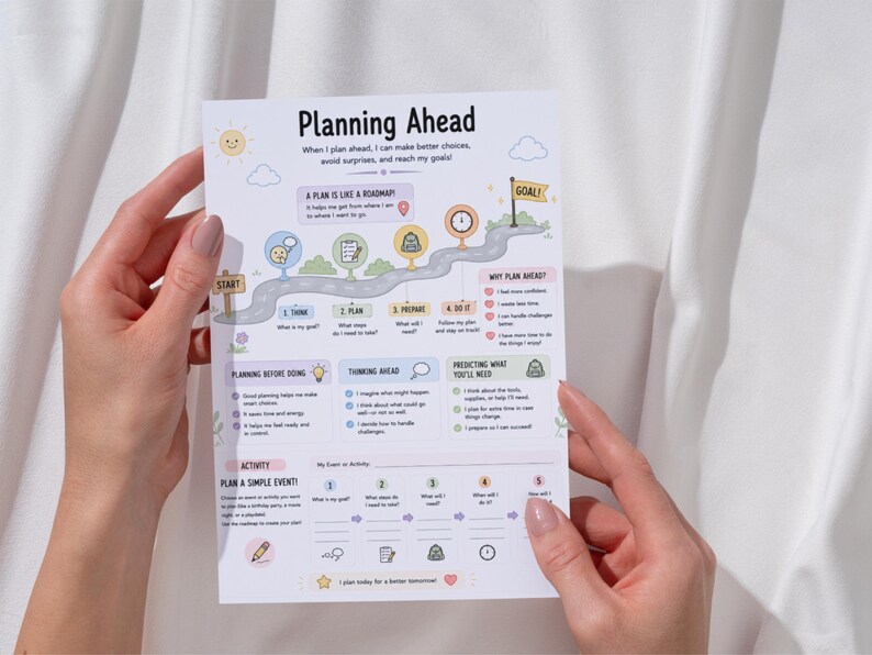 May include: A white educational planning worksheet titled Planning Ahead with a colourful roadmap graphic, icons, and text sections for goal setting, preparation, and activity planning. The layout includes a start sign, a goal flag, and numbered steps.
