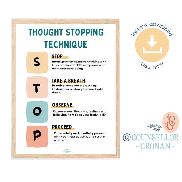 Stop grounding technique, coping skills, coping strategies, mindfulness, therapy office decor, social emotional learning, calming down corne