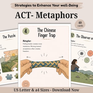Metaphors, Acceptance and commitment therapy, therapist worksheets, psychology cards, psychology flexibility, cognitive defusion, coping