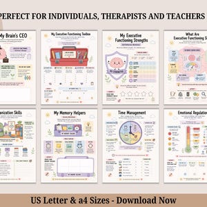 May include: A set of eight educational worksheets featuring pastel illustrations and text including Meet My Brain's CEO, My Executive Functioning Toolbox, My Executive Functioning Strengths, What Are Executive Functioning Skills, Organization Skills, My Memory Helpers, Time Management, and Emotional Regulation.