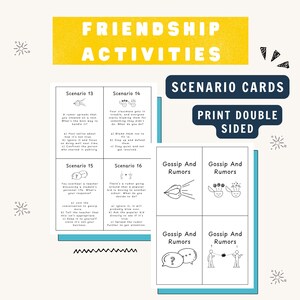 May include: A set of scenario cards for friendship activities. The cards are white with black text and illustrations, featuring scenarios about gossip and rumors. The text "Friendship Activities" is at the top in yellow.