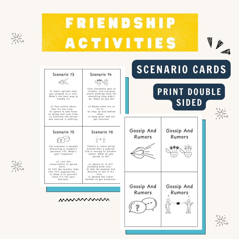 May include: A set of scenario cards for friendship activities. The cards are white with black text and illustrations, featuring scenarios about gossip and rumors. The text "Friendship Activities" is at the top in yellow.