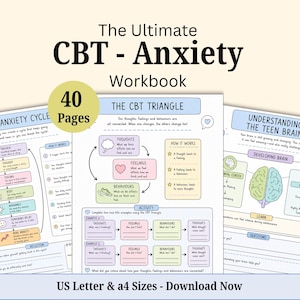Puede incluir: Un libro de ejercicios de TCC para la ansiedad de 40 páginas con hojas de trabajo educativas y diagramas en tonos pastel, incluyendo el triángulo de la TCC, el ciclo de la ansiedad y el cerebro adolescente. Título: The Ultimate CBT Anxiety Workbook.