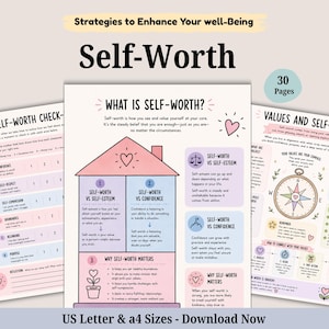May include: A 30-page digital workbook titled Strategies to Enhance Your Well-Being: Self-Worth. The pages feature pastel-coloured sections, a house illustration, a compass graphic, and checklists with text about self-worth, values, and personal growth.