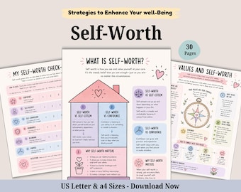 Self-Worth 30 Page Workbook. Self-esteem and Confidence. Self-Development. Teenage Therapy Worksheets. PDF Printables