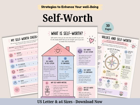 Self-Worth 30 Page Workbook. Self-esteem and Confidence. Self-Development. Teenage Therapy Worksheets. PDF Printables