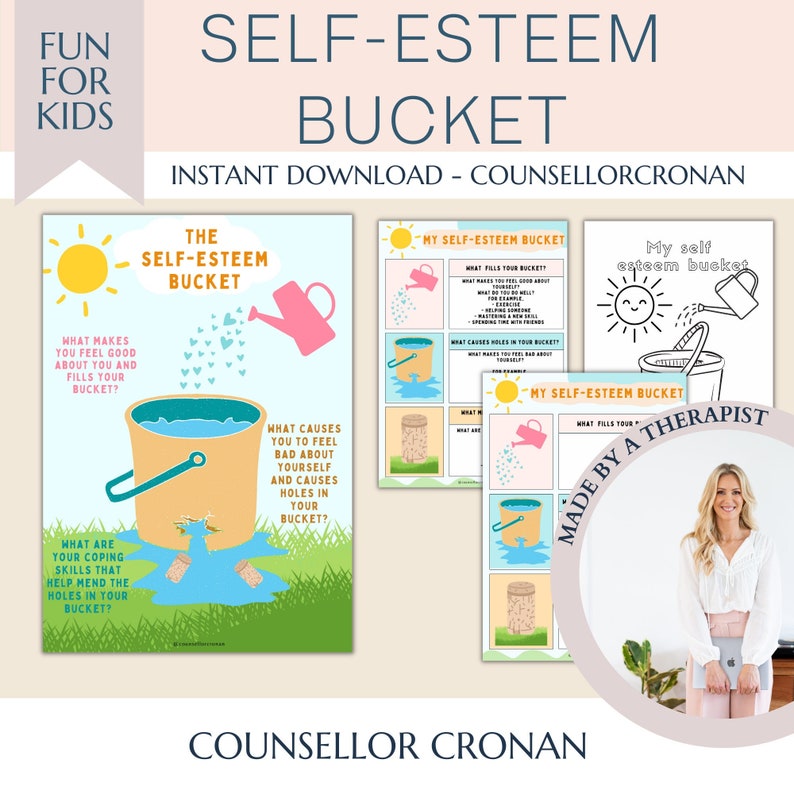 May include: Printable worksheet for kids featuring a self-esteem bucket with prompts to help children identify what makes them feel good and what causes them to feel bad. The worksheet includes a sun, a watering can, and a bucket with holes. The text "The Self-Esteem Bucket" is at the top of the worksheet.