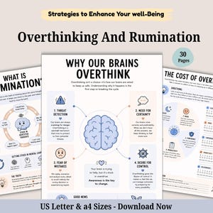 May include: A 30-page digital document set titled Strategies to Enhance Your well-Being, Overthinking And Rumination. The pages feature diagrams, text, and illustrations explaining why brains overthink, including sections on threat detection and the cost of overthinking. Available in US Letter and A4 sizes.