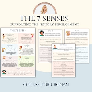 Peut inclure: Un tableau coloré intitulé "Les 7 sens : Soutenir le développement sensoriel" avec des illustrations d'enfants participant à des activités liées à chaque sens. Le tableau comprend des descriptions de chaque sens et des activités pour soutenir le développement.