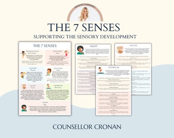 The 7 Senses Infographic handout, childhood development, neuroscience, Occupational therapist, psychologist tools, brain regions, worksheets