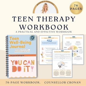 以下が含まれることがあります： 「Teen Well-Being Journal」と「You Can Do It!」の文字が書かれた、水色と白のジャーナル。このジャーナルは、スパイラル綴じで、76ページあります。このジャーナルは、ティーン向けのセラピーワークブックの一部です。