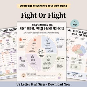 May include: A set of five educational worksheets titled Strategies to Enhance Your Well-Being, Fight Or Flight, Understanding The Fight, Flight, Freeze & Fawn Responses, and What Happens Inside My Brain When I Am Anxious, featuring diagrams and text.