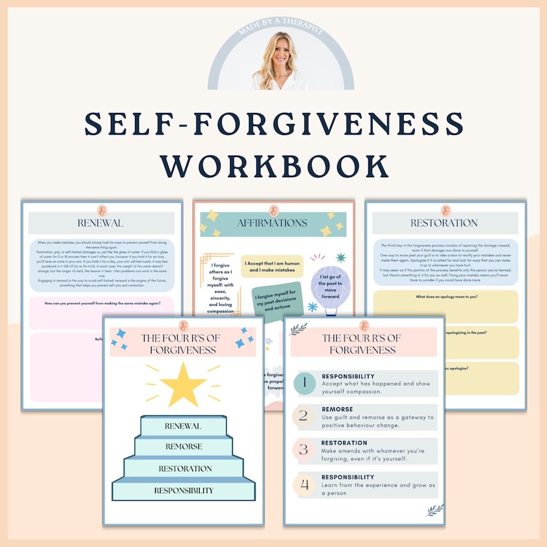 May include: A self-forgiveness workbook with a pink and blue color scheme. The workbook includes four sections: Renewal, Affirmations, Restoration, and Responsibility. The workbook also includes a diagram of the four R's of forgiveness: Responsibility, Remorse, Restoration, and Renewal.