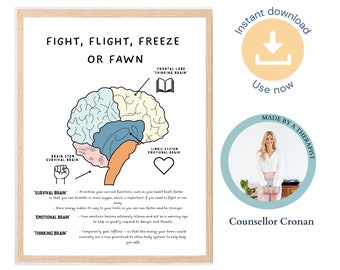 May include: A printable poster with a diagram of the brain, labeled with the terms "Fight, Flight, Freeze or Fawn." The poster explains the different functions of the brain, including the "Survival Brain", "Emotional Brain", and "Thinking Brain".