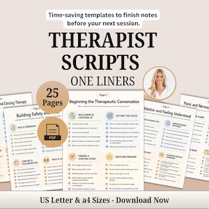 May include: A collection of 25 pages of therapist scripts and one-liners for clinical notes. The documents feature headings like Beginning the Therapeutic Conversation, Building Safety and Trust, and Panic and Nervous-System Regulation.