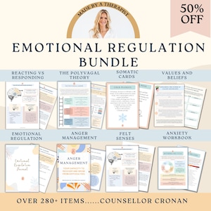 May include: A digital download bundle of printable worksheets and resources for emotional regulation. The bundle includes worksheets on reacting vs responding, the polyvagal theory, somatic cards, values and beliefs, anger management, felt senses, and an anxiety workbook. The bundle is pink, blue, and white with a graphic of a brain on each page. The text "Over 280+ items...Counsellor Cronan" is at the bottom of the image.