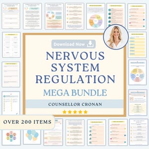 Op de afbeelding: Een digitale downloadbundel getiteld "Nervous System Regulation Mega Bundle" met meer dan 200 items. De afbeelding toont een centrale titel met ondersteunende documenten en een portret van een vrouw. Het kleurenschema omvat beige, blauw en perzik.