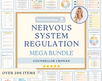 Może przedstawiać: Cyfrowy pakiet do pobrania zatytułowany "Nervous System Regulation Mega Bundle" z ponad 200 elementami. Obraz zawiera centralny tytuł z dokumentami pomocniczymi i portret kobiety. Schemat kolorów obejmuje beż, niebieski i brzoskwiniowy.