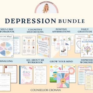 Mega pacote de depressão, planilhas de espiral de depressão, cartões de enfrentamento, planilhas de terapia, decoração de consultório de terapia, recursos para conselheiros escolares,