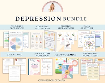May include: A colorful digital download bundle of printable worksheets and workbooks for managing depression. The bundle includes self-care, cognitive distortions, positive affirmations, daily gratitude, journaling, all about me, grow your mind, and depression worksheets.