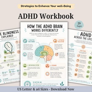 Peut inclure: Un cahier d'exercices TDAH de 29 pages avec des infographies éducatives sur la notion du temps, le fonctionnement cérébral et le développement. Les pages incluent des schémas de cerveau, des horloges et des icônes en formats A4 et US Letter.