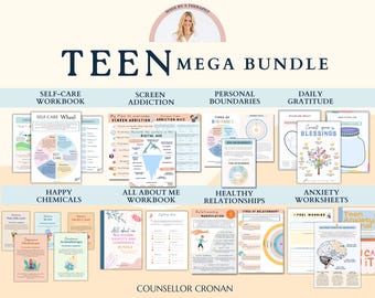 Méga lot de feuilles de travail thérapeutiques pour adolescents, cahier d'exercices de thérapie, journal du thérapeute : anxiété, psychologie, santé mentale des enfants, capacités d'adaptation des adolescents, TAG