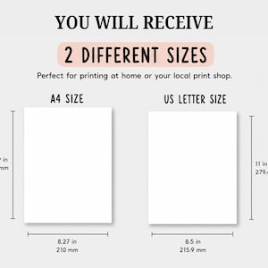 May include: A digital document guide displaying two paper sizes: A4 measuring 8.27 inches by 11.69 inches and US Letter measuring 8.5 inches by 11 inches. The text reads: YOU WILL RECEIVE 2 DIFFERENT SIZES, A4 SIZE, and US LETTER SIZE.