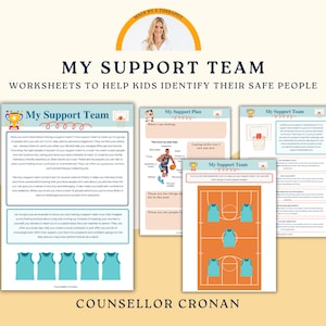 May include: A set of three printable worksheets for kids to help them identify their safe people. The worksheets feature a basketball theme and include the text "My Support Team" and "My Support Plan".