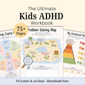 May include: The Ultimate Kids ADHD Workbook with 75+ pages in US Letter and A4 sizes. Three activity sheets are displayed: Big Feelings Coping Wheel, Problem Solving Map with a treasure chest, and My Emotional Volcano with numbered levels.