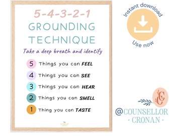 Grounding mindfulness poster, calming down corner, social emotional learning, calm down tools, therapist office decor, social psychology