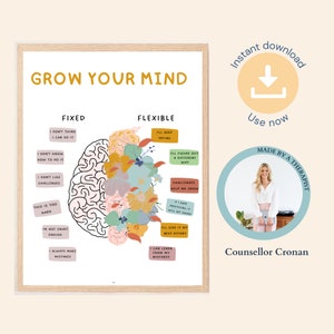 May include: A printable poster with a brain illustration divided into two sections labeled "Fixed" and "Flexible". Each section has a list of statements about mindset. The poster is titled "Grow Your Mind".