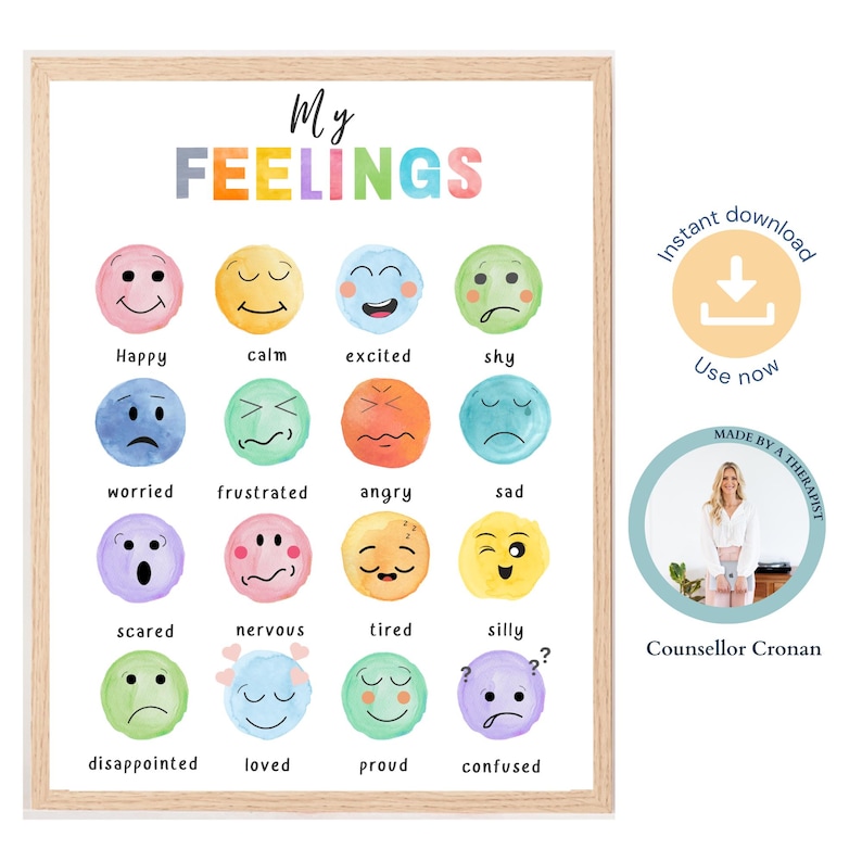 May include: A printable chart with watercolor illustrations of different emotions. The chart features 16 different emotions, including happy, calm, excited, shy, worried, frustrated, angry, sad, scared, nervous, tired, silly, disappointed, loved, proud, and confused. The chart is titled "My Feelings" and is designed to help children learn about and identify their emotions.