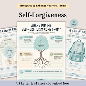 Puede incluir: Un conjunto de 18 hojas de trabajo imprimibles tituladas Strategies to Enhance Your well-Being y Self-Forgiveness. Las páginas incluyen indicaciones y diagramas, como un gráfico de árbol, una ilustración de mochila y texto en tamaños US Letter y A4.