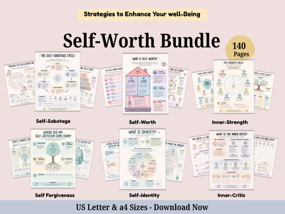 Self-Worth Worksheets and Cards Bundle, Mental Health (Digital Download)