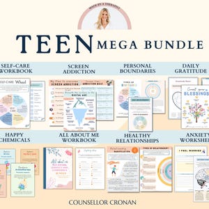 Mega pacchetto per la salute mentale degli adolescenti, fogli di lavoro terapeutici, percorso di guarigione, depressione, ansia, distorsioni cognitive, affermazioni, confini