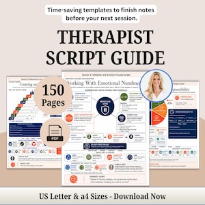 May include: A digital therapist script guide featuring 150 pages of clinical templates. The document includes sections on behavioral activation, emotional numbness, and responsibility, with a circular portrait of a person and PDF icon.