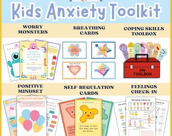May include: A colorful toolkit for kids with anxiety. The toolkit includes a worry monster activity book, breathing cards, coping skills toolbox, positive mindset cards, self-regulation cards, and a feelings check-in sheet. The text on the image reads "Kids Anxiety Toolkit" and "Over 200+ items...Counsellor Cronan".