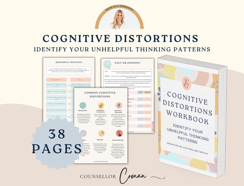 K&ouml;nnte beinhalten: Ein 38-seitiges Arbeitsbuch mit dem Titel "Cognitive Distortions Workbook" mit einem farbenfrohen abstrakten Design auf dem Cover. Das Arbeitsbuch hilft, ung&uuml;nstige Denkmuster zu identifizieren.