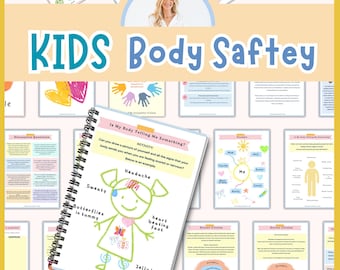 May include: A colorful printable worksheet titled "Is My Body Telling Me Something?" with a cartoon illustration of a girl experiencing physical symptoms like a headache, sweaty palms, butterflies in her tummy, and a fast heartbeat. The worksheet is part of a larger set of resources for teaching kids about body safety.