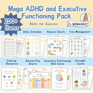 以下が含まれることがあります： ADHDと実行機能に関するリソースのコレクション。プランナー、報酬チャート、スキルカードが含まれています。画像には、「毎日のスケジュール」や「時間管理」などのテキストが表示されたさまざまなチャートとガイドが掲載されています。全体的な配色スキームは、ライトブルーとイエローです。