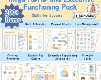 May include: A collection of ADHD and executive functioning resources, including planners, reward charts, and skill cards. The image features various charts and guides with text such as "Daily Schedules" and "Time Management". The overall color scheme is light blue and yellow.