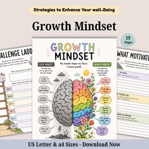May include: A 19-page digital printable set titled Strategies to Enhance Your well-Being and Growth Mindset. The pages feature worksheets including My Challenge Ladder and What Motivates Me, with illustrations of a brain, flowers, and a ladder.