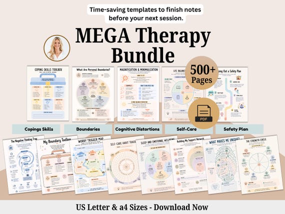 Mega shop bundle, 500 + Pages of Therapy worksheets and Activities. Anxiety, Self-Care Planner. Emotional Support. Coping skills.