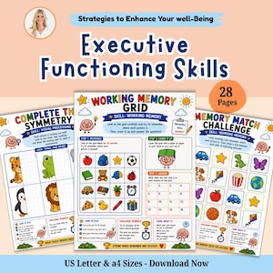 May include: A 28-page digital activity set titled Executive Functioning Skills, featuring colorful worksheets for working memory, visual processing, and memory matching. The pages include grids, cartoon brain characters, and US Letter and A4 sizes.