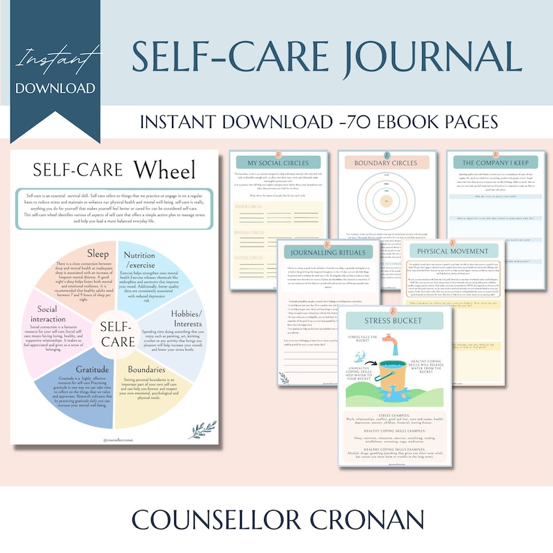 Self care journal, self care workbook, self love, burnout, stress management, manifestation, wellness journal, nutrition planner, therapy image 1