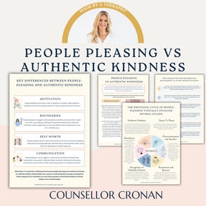 Può includere: Un foglio di lavoro stampabile con il titolo "Compiacere le persone vs. gentilezza autentica" che esplora le differenze tra compiacere le persone e la gentilezza autentica. Il foglio di lavoro include una tabella con le principali differenze tra le due, un diagramma del ciclo emotivo del compiacere le persone e suggerimenti per stabilire limiti personali migliori.