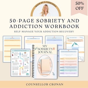 Peut inclure: Un classeur de 50 pages sur la sobriété et la dépendance avec le texte "Gérer sa propre guérison de la dépendance". Le classeur comprend des pages pour la réflexion, les plans de prévention, les déclencheurs de rechute et les signes avant-coureurs, et un chemin vers la guérison. Le classeur est accompagné d'un journal rose et blanc avec le texte "Mon journal de sobriété".