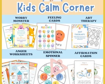 May include: A set of printable resources for kids to help them manage their emotions. The set includes a worry monster activity book, feeling cards, an emotional spinner, anger worksheets, art therapy activities, and affirmation cards.