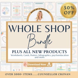 Mega shop bundle, Anxiety, depression, trauma, PTSD, CBT, family, couples, self-worth, self-esteem, sfbt, therapy worksheets, bpd, kids